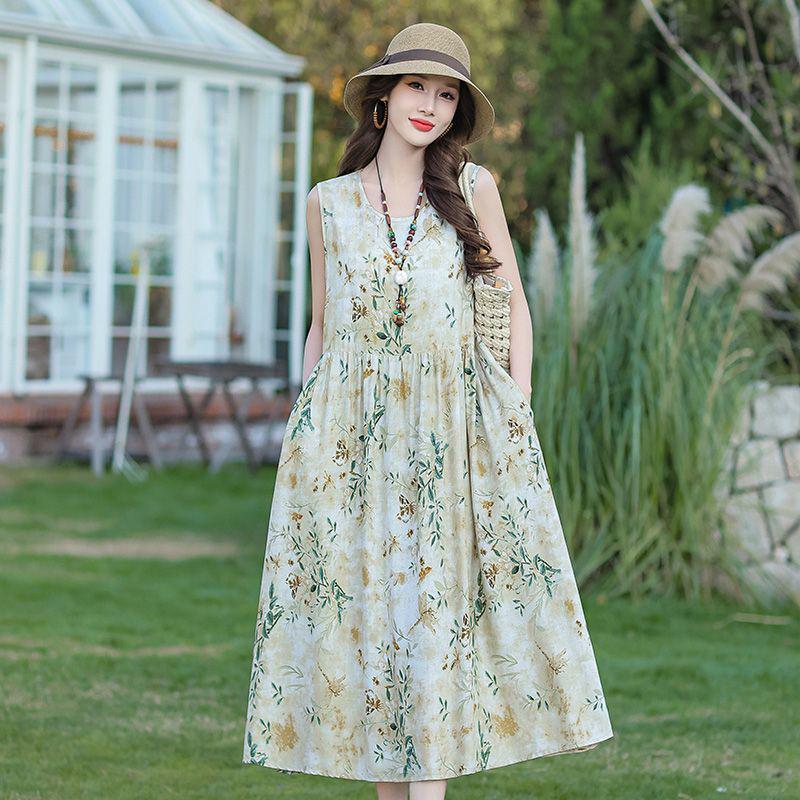 Elegant Plus Size Floral Cotton-Silk Sleeveless Summer Dress
