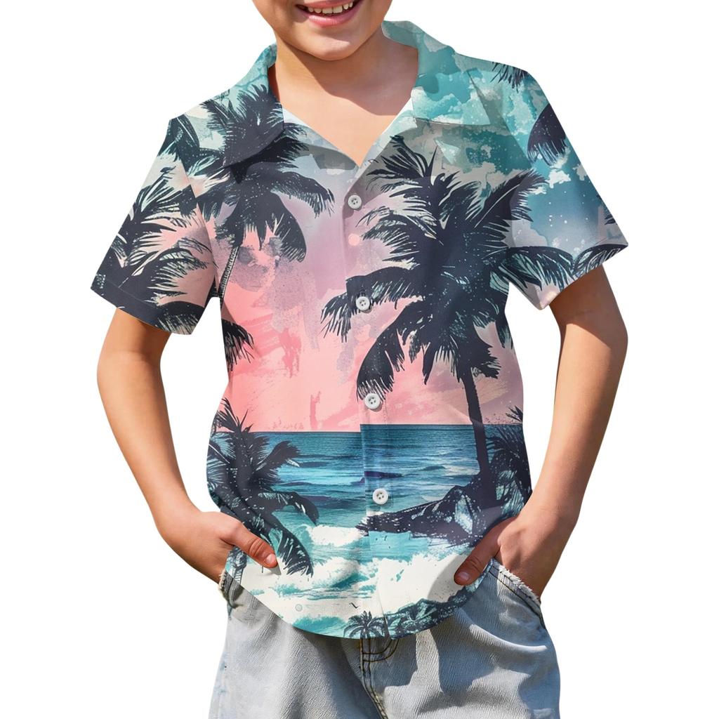 Jungen kurzärmeliges Hawaiihemd, Kinder Sommer Hemd mit Knöpfen