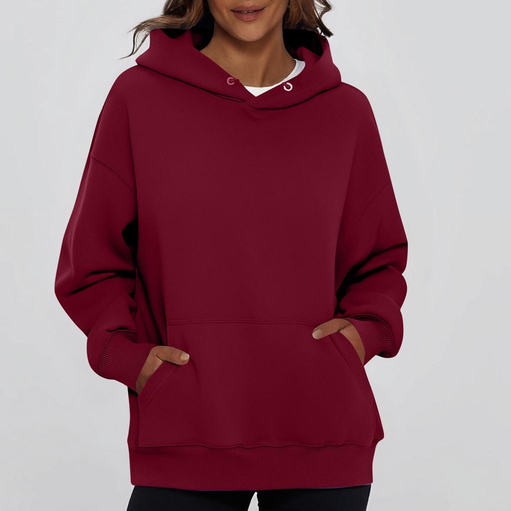 Ladies' Fashionable Solid Color Casual Hooded Pocket Long Sleeved Top