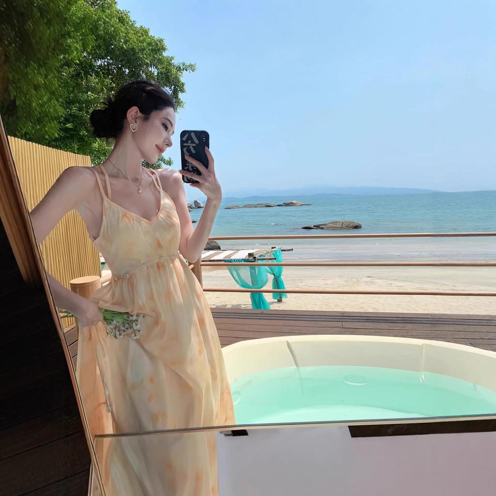 European and American New French Smudge Suspender Dress Summer Seaside Vacation Style Big Skirt Long Dress