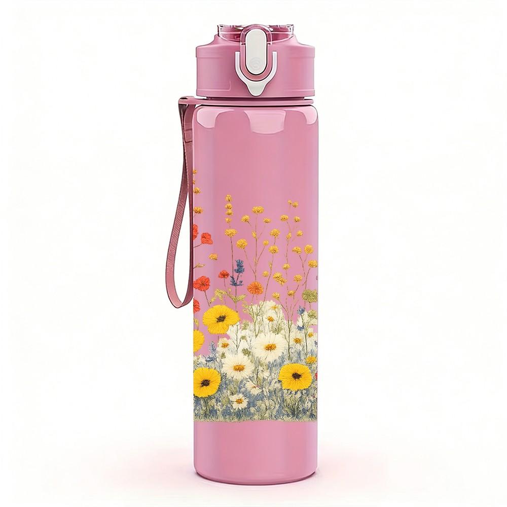 1 Pezzo Bouquet di Margherite e Fiori di Campo Acquerello 750ml Plastica Colorata Borraccia Sportiva Tappo a Vite Anti-perdita con Cannuccia Pieghevole Adatta per Sport, Ufficio, Uso Domestico