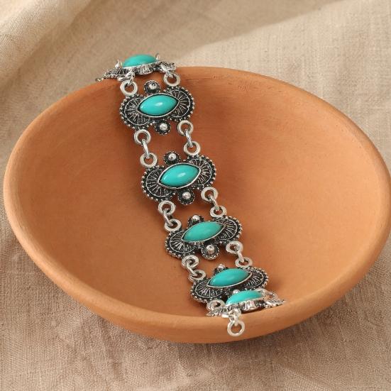 Turquoise Inlay Bracelet, Bohemian Style Distressed Bracelet, Adjustable Chain Hollow Carved Bracelet, Casual Boho Bracelet for Jewelry Gift