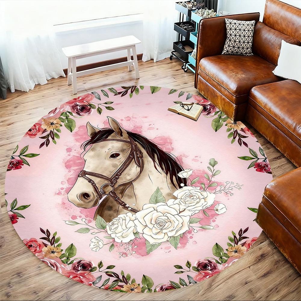 1pc Horse Floral Round Chair mat office Area Rug - Non-Slip, Floor Mat for Office, Bedroom, and Indoor Decor p127230