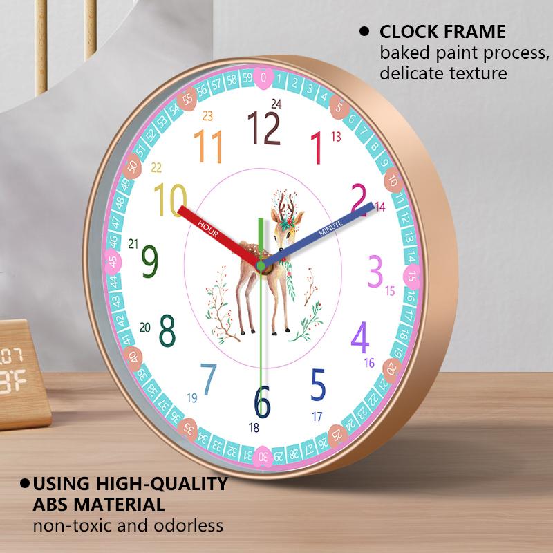 Stille Kinder Lern-Wanduhr Selbstdisziplin 24H & Minutenmarkierungen Niedliches Hirsch-Design Leicht lesbar für Kleinkinder Klassenzimmer