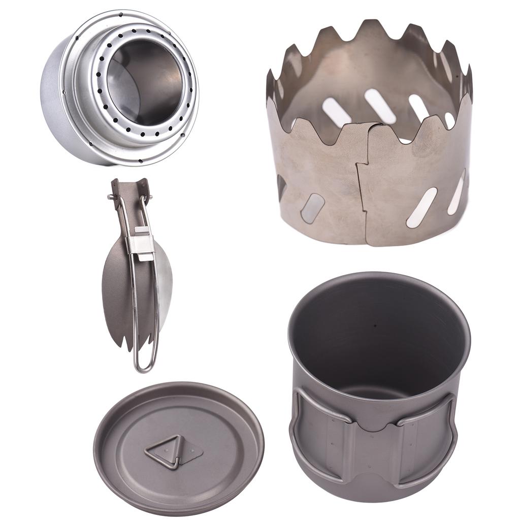 Camping Kochset Ti 500ml Tasse Gabel Löffel Spirituskocher Windschutz Tragbare Camping Kochsets für