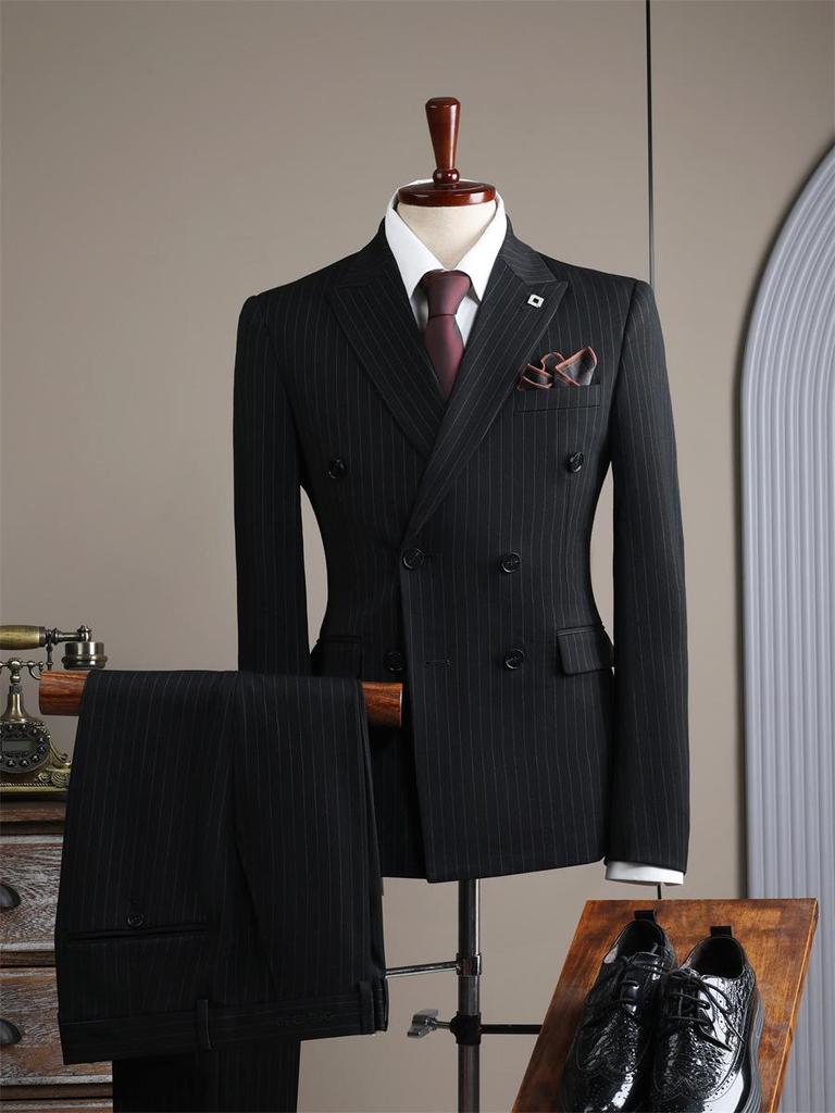 Apricot White Striped Double-Breasted Slim-Fit Suit Set for Casual, Groom, or Formal Business Attire.