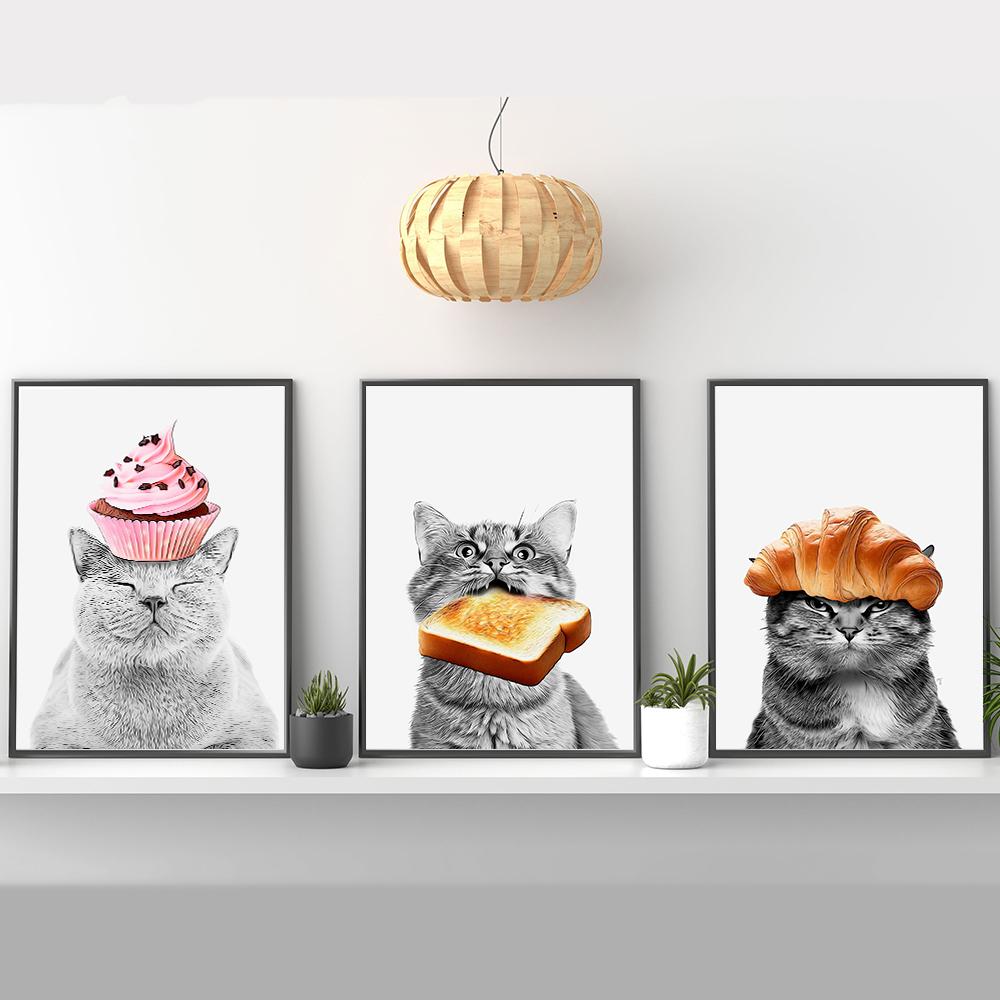 Cat Lover Funny Cats Cake Toast Croissant Poster Animal Hipster Painting Canvas Print Wall Art Home Decor For Coffee Bar Bedroom