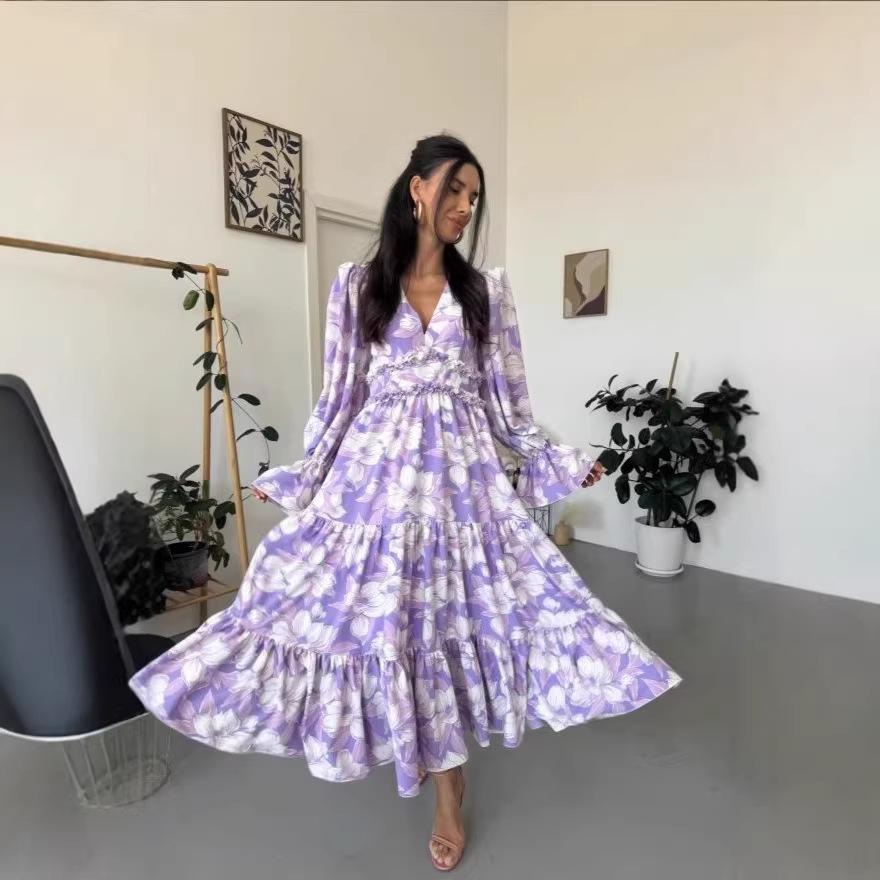 Women s Floral Boho Long Sleeve Maxi Dress V Neck Waist Swing Flowy Wedding Guest Dress Lightweight Maxi Spring Summer Party Boho Dresses for Women S
