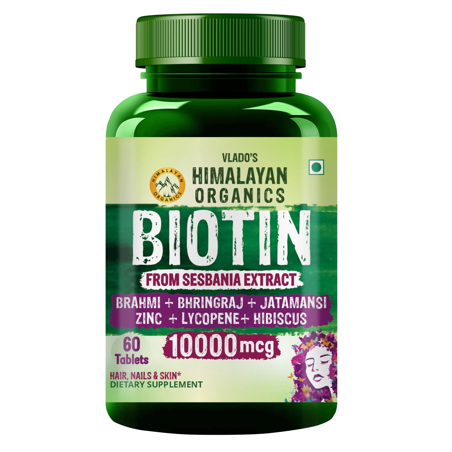 

Vlado’s Himalayan Organics Biotin 10000mcg Supplement for Hair Growth Skin Glow & Strong Nails 60 Veg Tablets