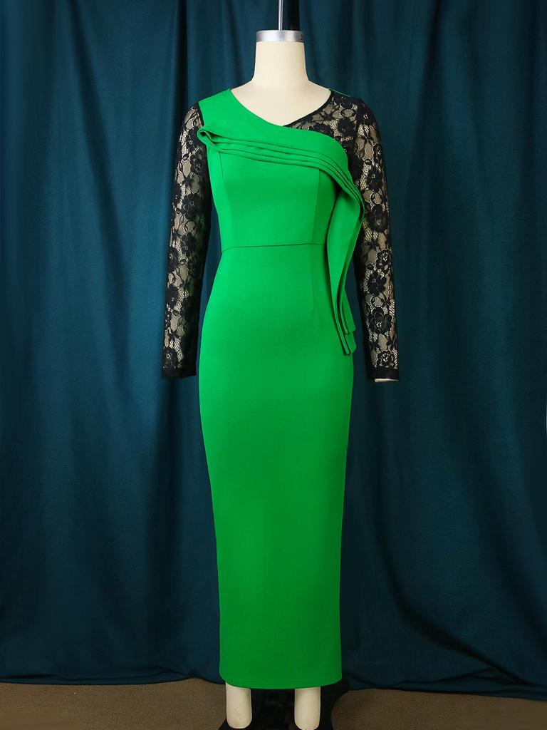 AOMEI Elegant Evening Dresses for Women Lace Patchwork Green Trim Ruffles Ankle Length Office Lady Cocktial Event Occasion Outfits Large Size