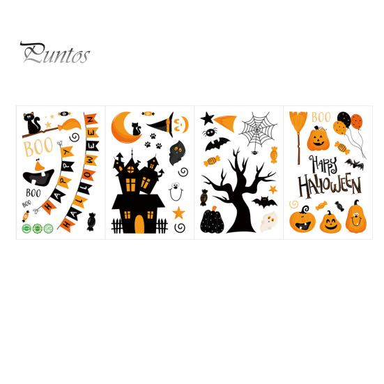 Holiday Glass Decoration Stickers 4 Sheets Halloween Electrostatic Stickers, Cartoon Pumpkins Castle Bats Window Easy Remove Clings PVC Waterproof