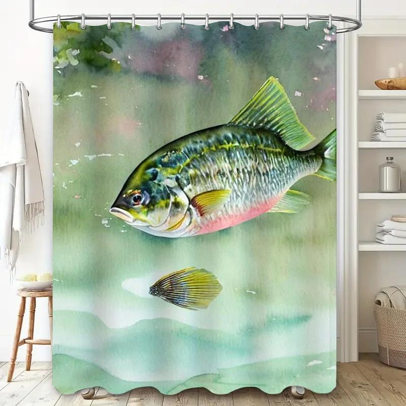 Fish-themed Waterproof Shower Curtain Set with Colorful Print for Bathroom Decor 3D Printed Fabric Door Curtains In Blue Green
