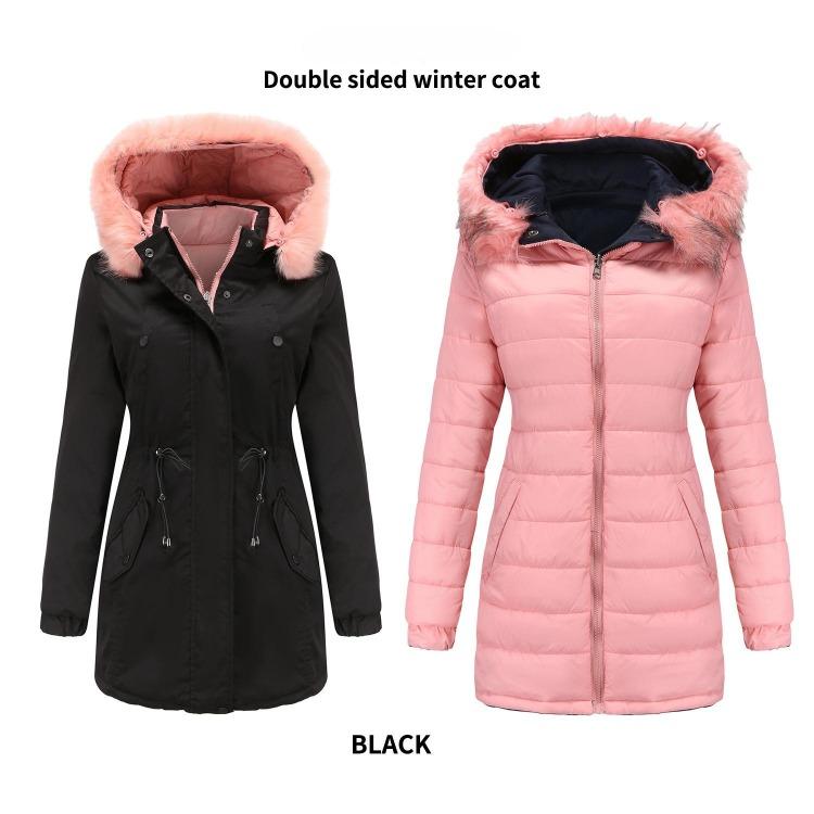 Women Quilted Pie Jacket Detachable Hood Fur Collar Double Sided Cotton Coat New S