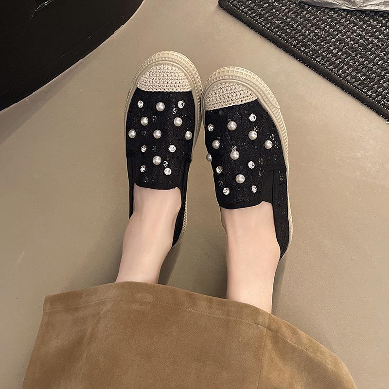Fisherman Shoes Rhinestone Single Shoes New Summer 2025 Korean Version Fashion Outer Wear Pearl Rhinestone Flat Straw Slippers Women