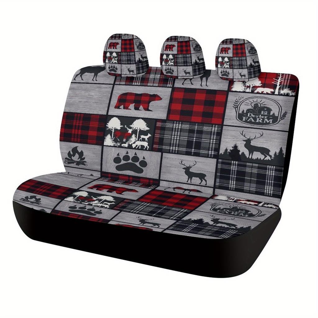 Red Black Plaid Wildlife Designed Car Seat Cover Set For Most Cars, High-quality Comfortable Car Seat Protector Covers Full Set,