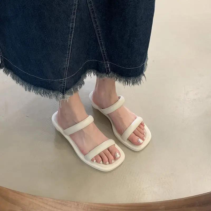 Slides Open Toe Shoes Indoor Soft on Word Off White Low Heel Outside Women's Slippers and Ladies Sandals Footwear Natural Skin F