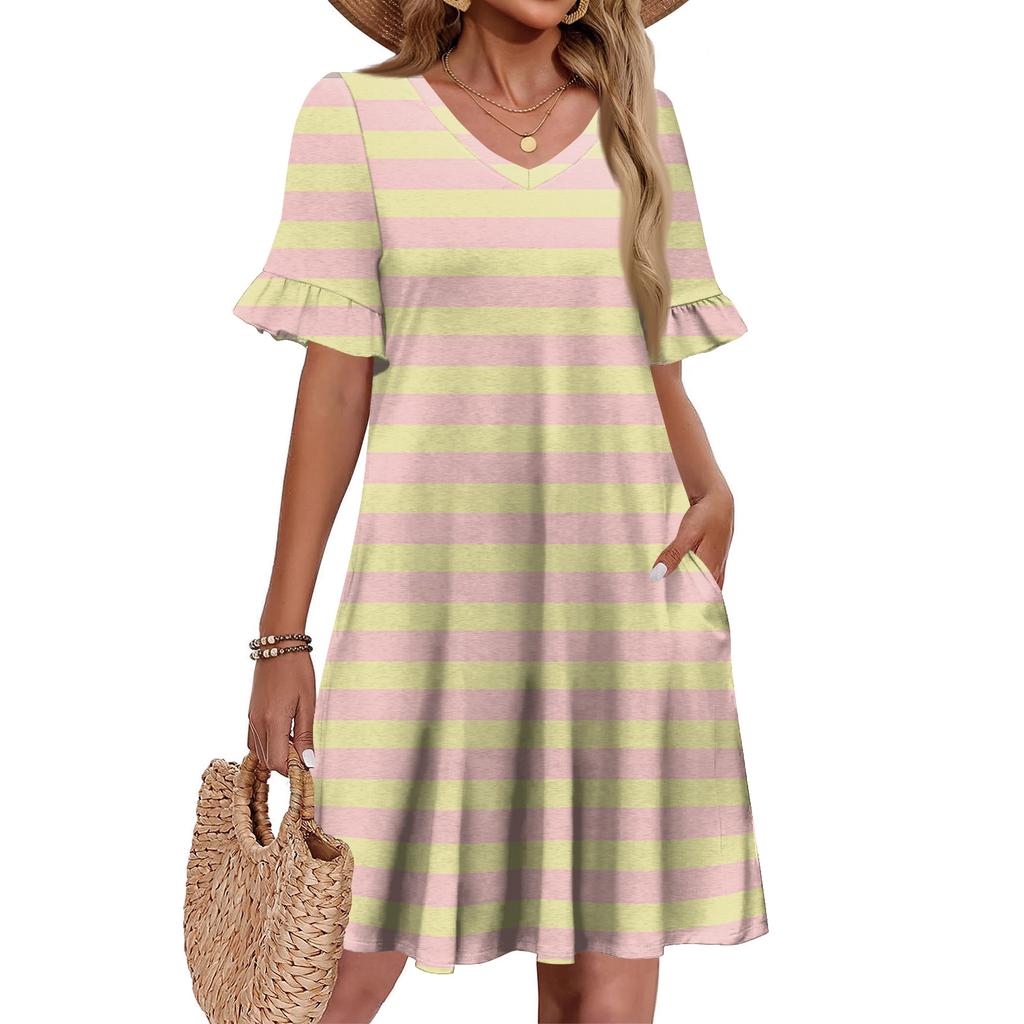 Damen A-Linie Sommerkleid Kurzarm V-Ausschnitt Bedrucktes Kleid Mit Taschen