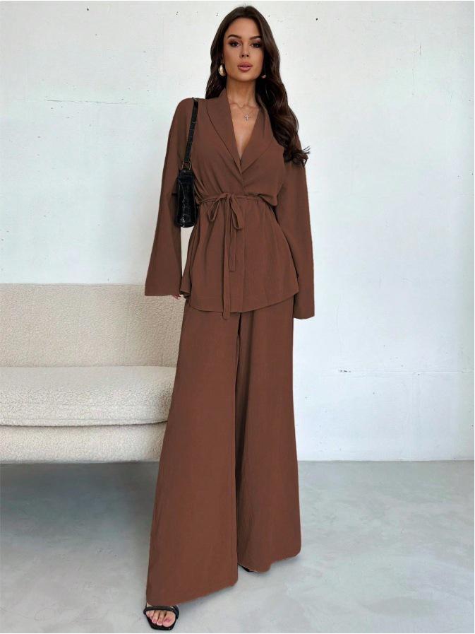 2025 Autumn/Winter European & American Fashion V-Neck Women's Elegant Long-Sleeved Wide-Leg Pants Set