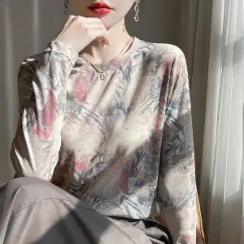 

Весна Осень Футболки Принт Универсальный Темперамент Топы Женская Одежда Приталенный Круглый Вырез Мода Новый Удобный Повседневный L золотой