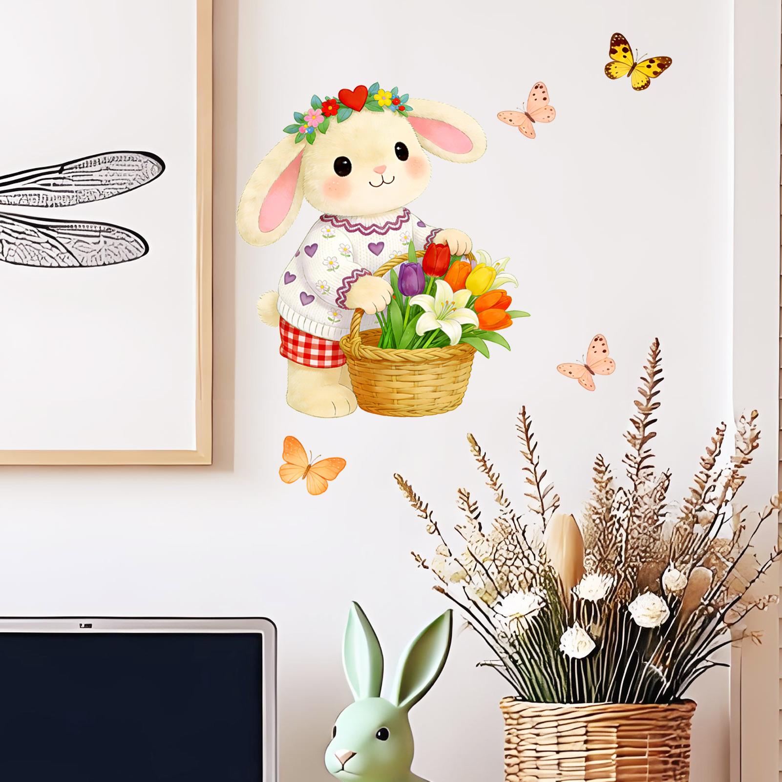 

Easter Cartoon Little Bunny Basket Butterfly Wall Sticker for Bedroom Living Room Cabinet Home Decoration Self-Adhesive 39x40cm