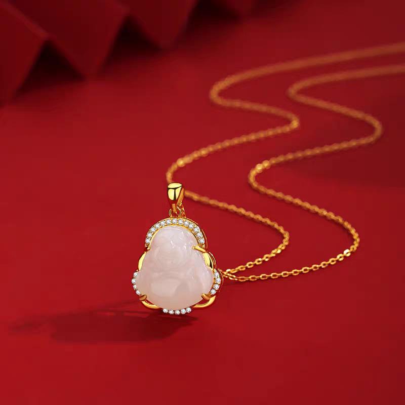 S925 Sterling Silver Hetian Jade Maitreya Buddha Necklace - Women s Trendy Ancient Style Clavicle Chain Pendant 925 Silver золотой