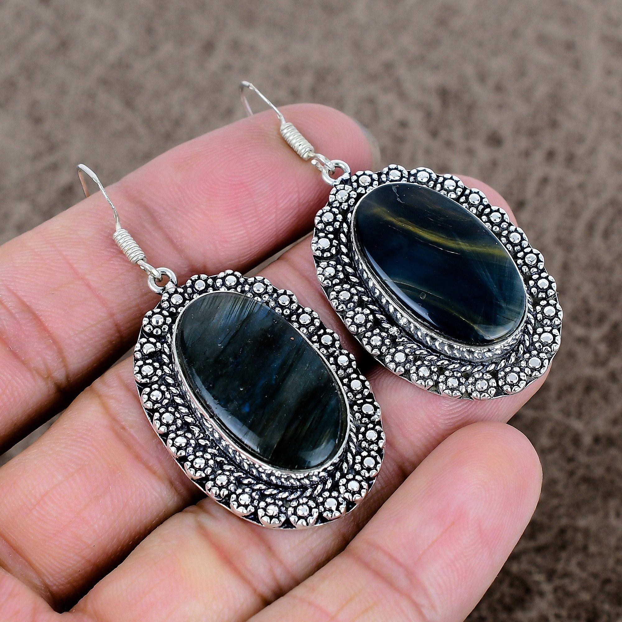 

Black Tiger Eye Gemstone Handmade 925 Sterling Silver Jewelry Earring 2.21 KKG-699