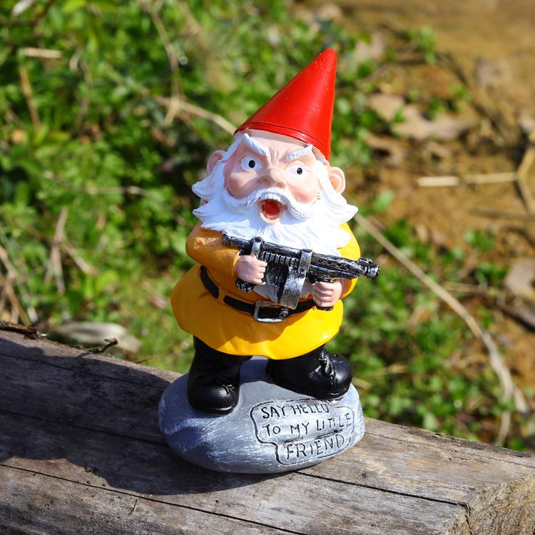 New Christmas Gnome Ornament: White-Bearded Dwarf with Gun Resin Statue.
