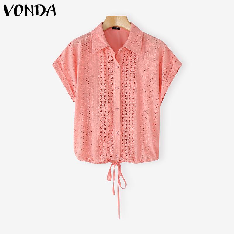 

VONDA Женская блузка с лацканами, короткими рукавами, вышивкой спереди, крючком, шнуровкой, повседневная L