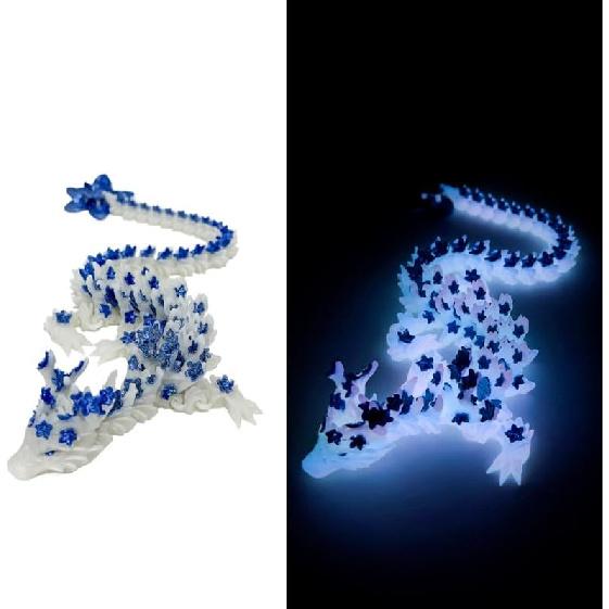 3D Printed Cherry Blossom Crystal Dragon, 11.8 Inch Articulated & Magical Movable Dragon Model - Perfect for Display, Collection, and Unique Gift, Noctilucent Blue