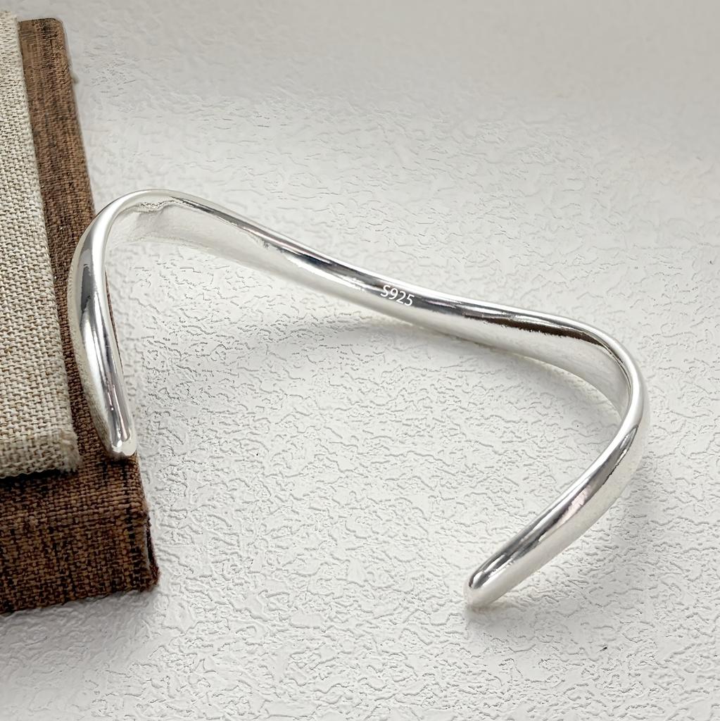 PANJBJ 925 Sterling Silver Irregular Geometry Texture Bangle Bracelet for Women Girl Minimalism Jewelry Gift Dropshipping