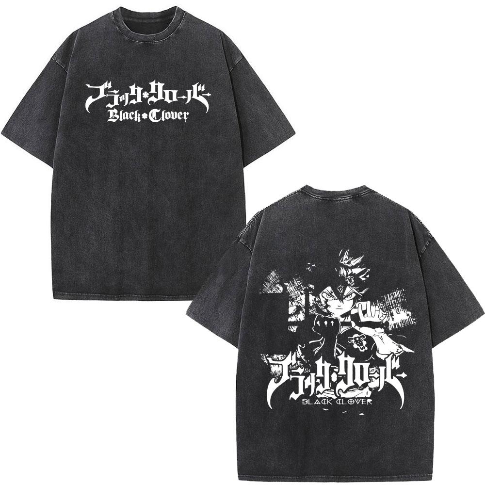 Washed Anime Black Clover Logo Graphic Print T-shirt Harajuku Summer Fashion Casual Cotton Oversized T-shirts Tops Streetwear