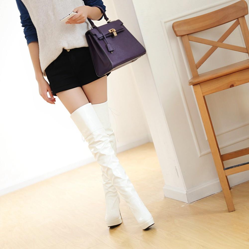

European and American street dance women s boots patent leather pole dance boots slim legs over the knee long boots sexy thick heel boots size 34 білий