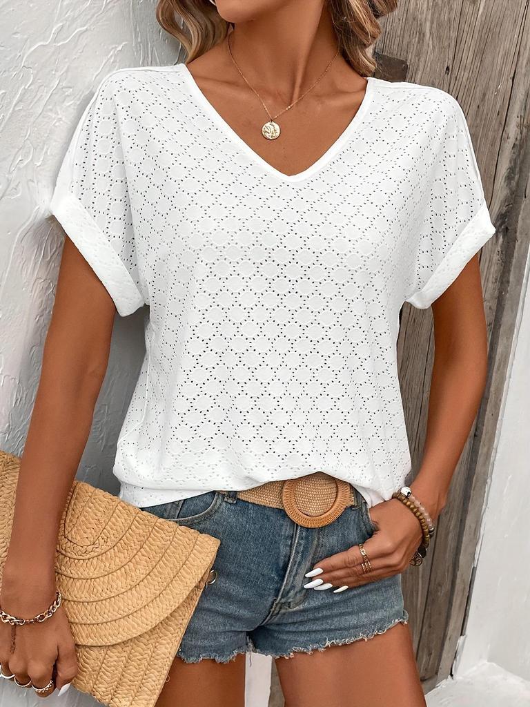 2025 Summer Women's Fashion Jacquard V-neck Short-sleeve Top