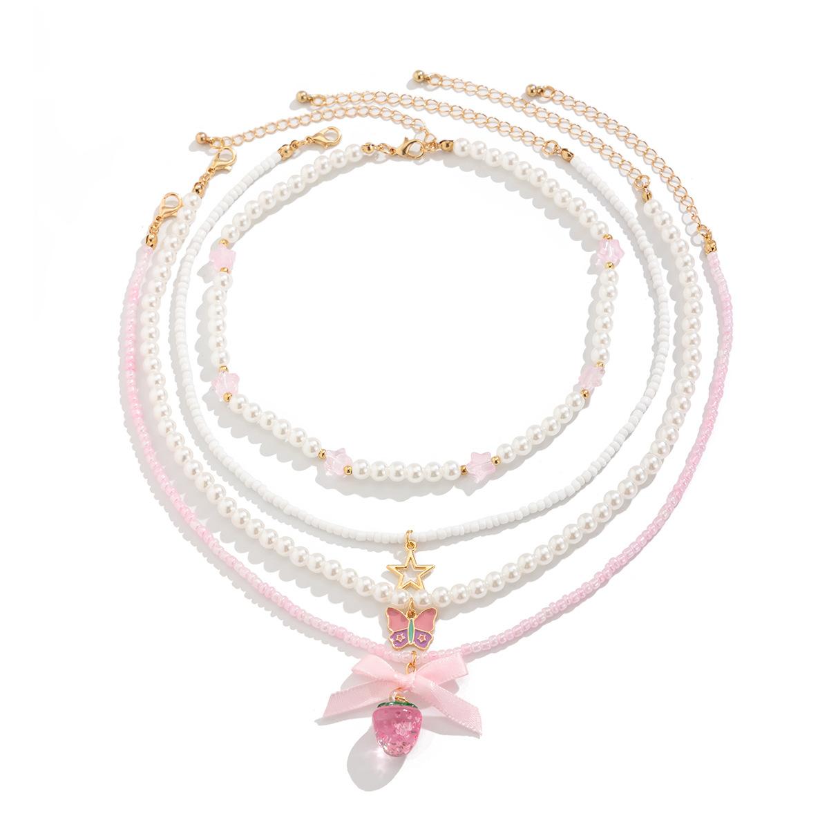 

Клубничная подвеска-бантик, чокер из искусственного жемчуга, милое романтичное многослойное ожерелье для женщин, свадебные аксессуары