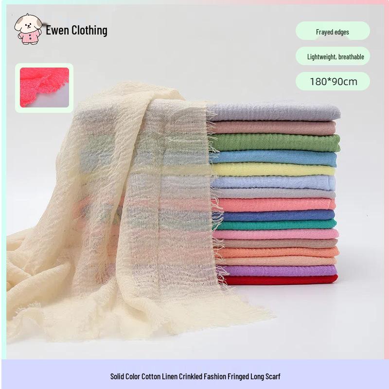 New Fashionable Women's Long Crinkled Cotton Linen Scarf with Tassel Edge - Solid Color Shawl