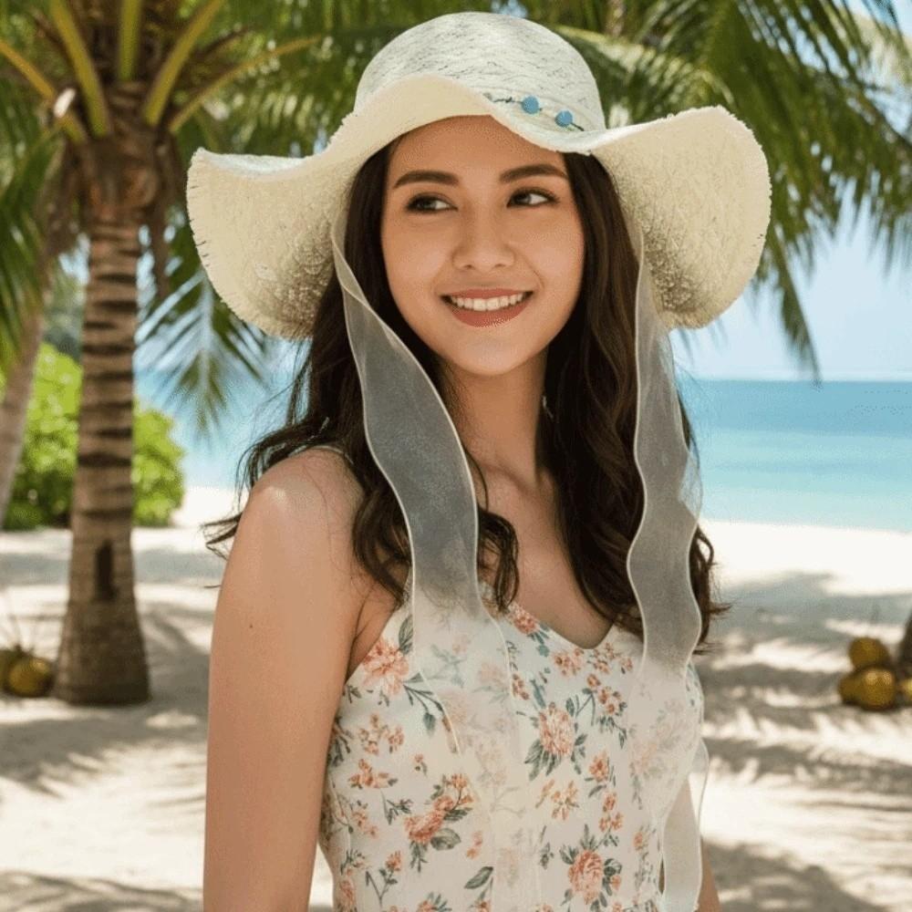 Breathable Vacation Beach Cap Lightweight with Turquoise Big Brimmed Straw Hat Sombrero Sunshade Topi Woven Sun Cap Daily