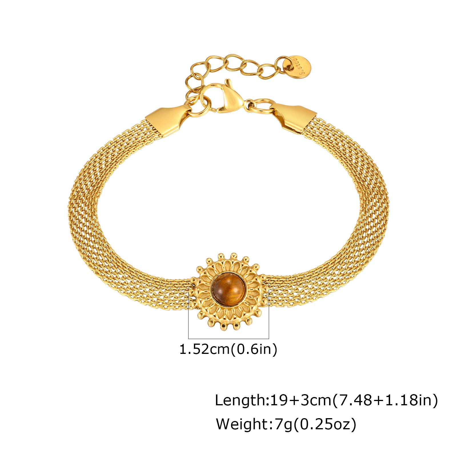 

Exquisite Sun-shaped Natural Stone Charm Bracelet, Stainless Steel Mesh Chain Bracelet, Fashion Tiger Eye Stone Jewelry Gift