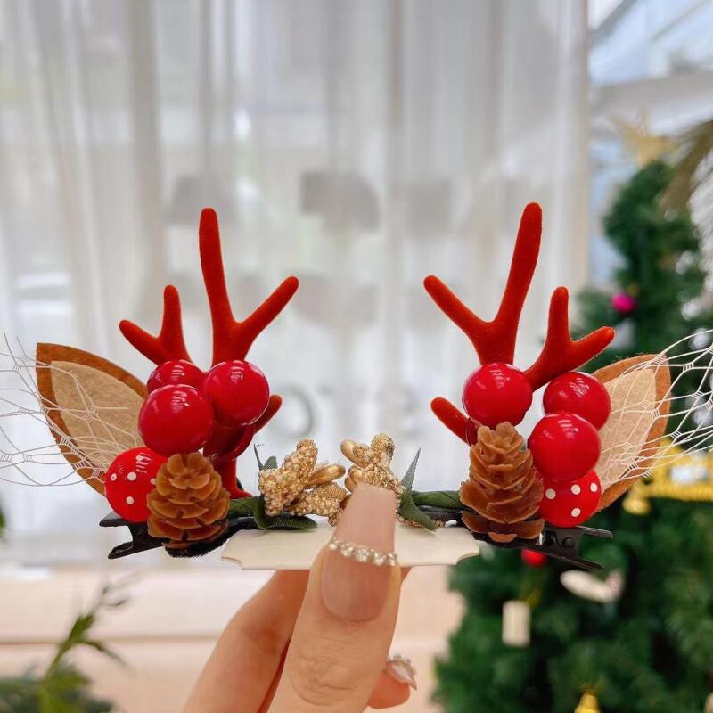 1pair Christmas Red Antler Hair Clip Accessories for Kids Side Hair Clip for Children's Hair