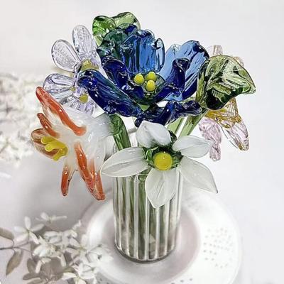 Handmade Glass Flower Decoration with Stem Hand-Blown Mini Floral Plants Figurine Home Living Room Office Table Flower Vase Ornament