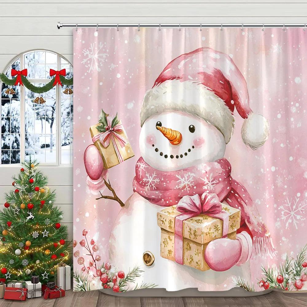Pink Christmas Printed Shower Curtain Cute Snowman and Christmas Tree Gift Polyester Shower Curtains Bathroom Decor with Hooks