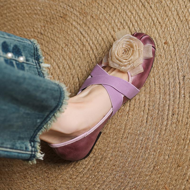 

Fashion 2025 New Spring Women Flats Round Toe Low Heel Flowers Shoes Women Shoes Concise Mary Janes Cow Leather Ladies Shoes 40 фиолетовый