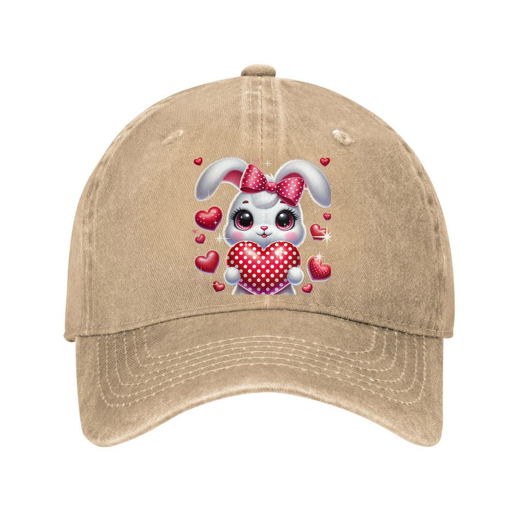 Cute Valentine Bunny Heart Baseball Cap Adjustable Vintage Washed Polyester Casual Cap for Unisex