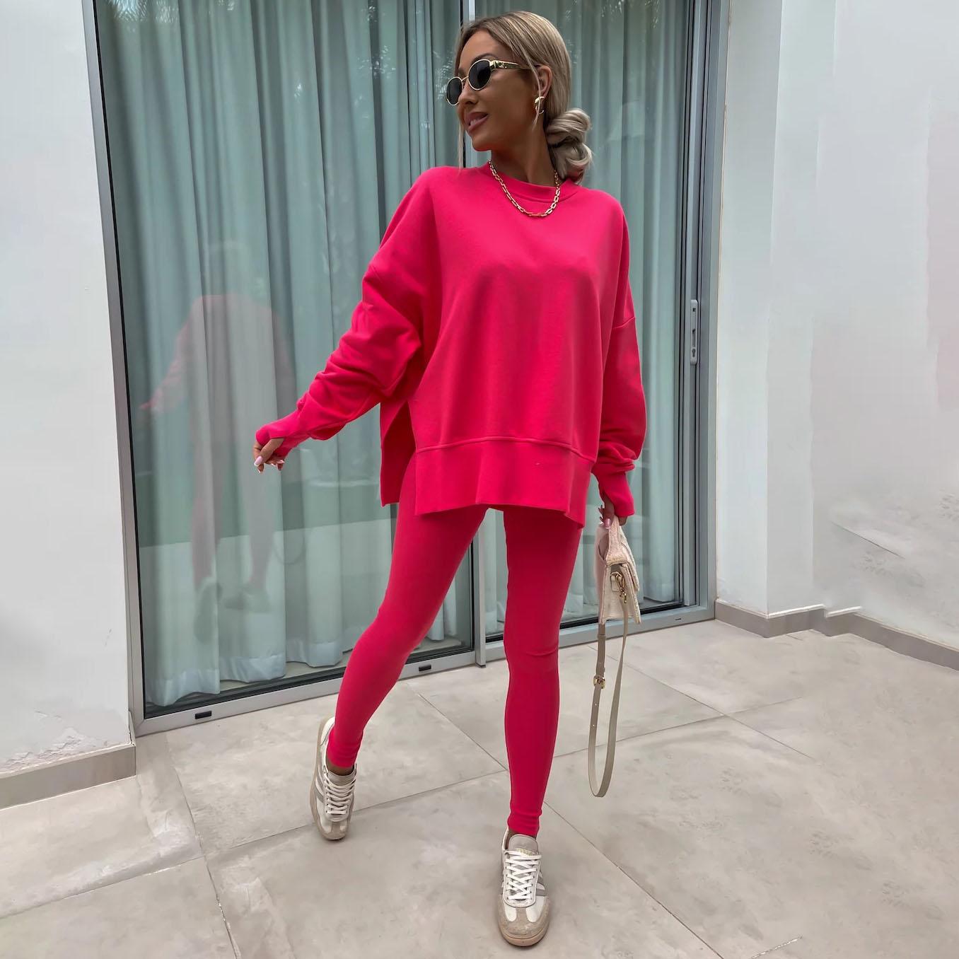 

Женский однотонный костюм с длинным рукавом и круглым вырезом, свободный топ, широкие брюки, осень-зима S красный