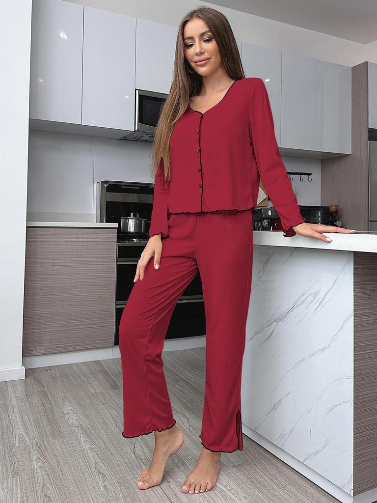 European and American Ribbed Knit Women's Pajama Set - Cardigan & Long Pants - Luxurious French Style Homewear for Autumn/Winter