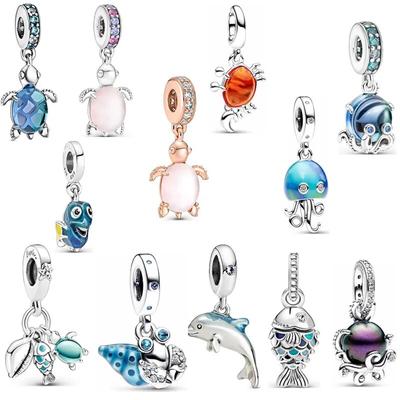 Blue and Pink Sea Turtle Pendant, Ocean Octopus and Squid Pendant Suitable for  Bracelet 925 Sterling Silver