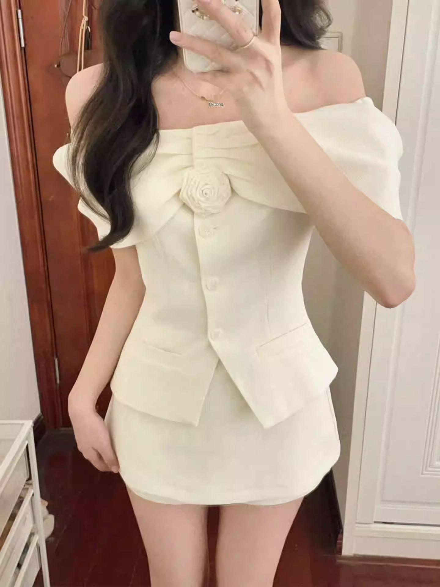 

White One-Shoulder Suit for Women: Single-Breasted Top, High-Waisted Jacket, and Shorts. Extra Large