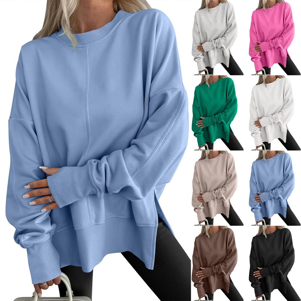 Women's Fashionable Round Neck Long Sleeved Sports Casual Color Blocked Pullover Sweater Sweatshirt Top