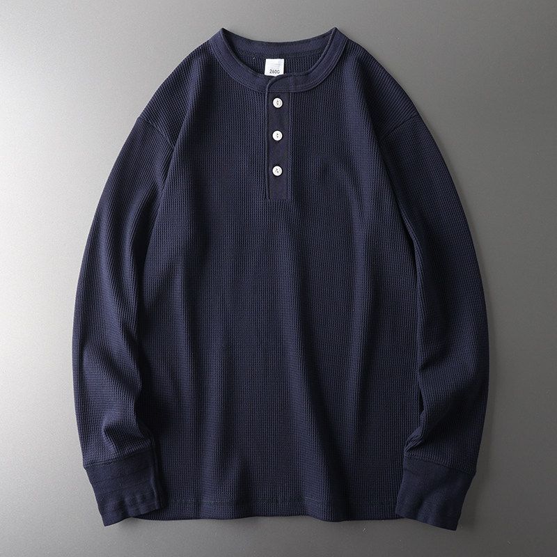 American Style Retro Heavy-Weight Waffle Pattern Long Sleeves Henley Shirt