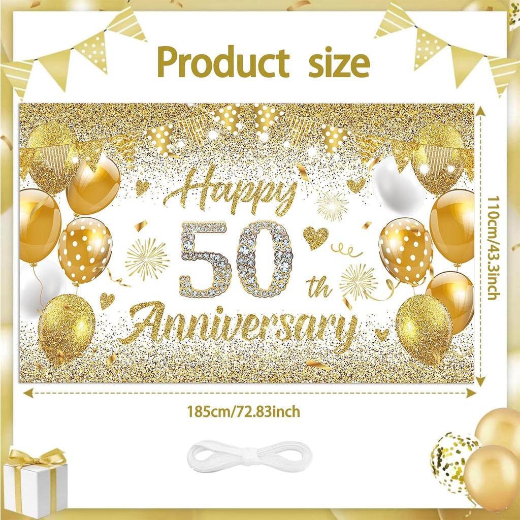 50th Wedding Anniversary Banner Decorations, White Gold Happy 50 Anniversary Party Supplies, Golden 50 Th Wedding Anniversary Decorations Decor