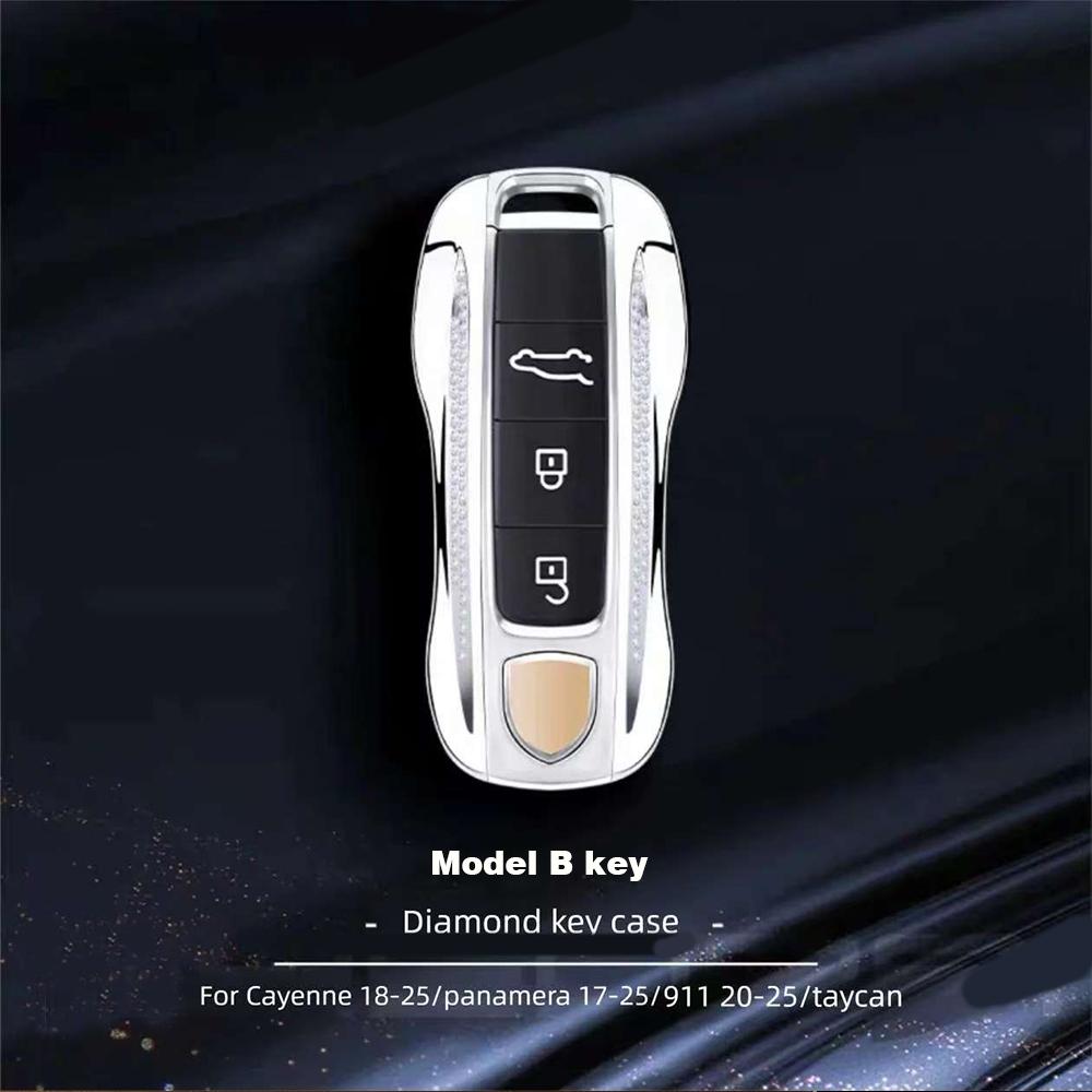 Diamond Metal Material Key Case For Porsche Cayenne Panamera Macan Cayman 718 911 Taycan Gloss Chrome Key Shell Car Key Case